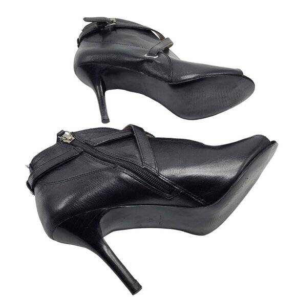Nine West Gaige Open Toe Black Leather Heeled Bootie Women Size 7.5 Side Zip - Picture 6 of 11